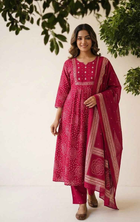 Pure Cotton Dupatta Suit With Bandhej Print
