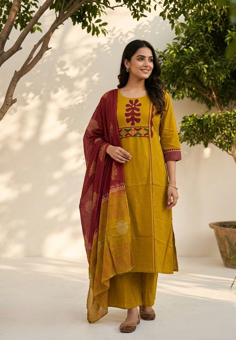 Premium Dabu Cotton Solid Base With Printed Dupatta Set CS0327