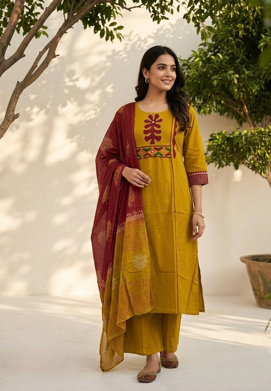 Premium Dabu Cotton Solid Base With Printed Dupatta Set CS0327