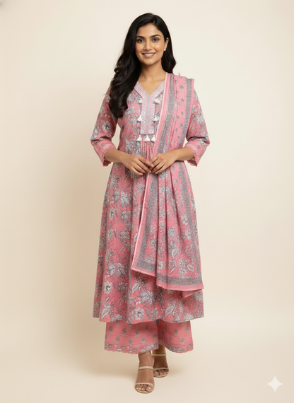 Pure Cotton Three Piece A Line  Anarkali Dupatta Set ANK032