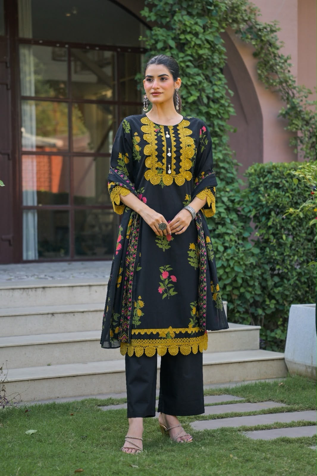 Pure Cotton Dupatta Set With Lace Work CS0351