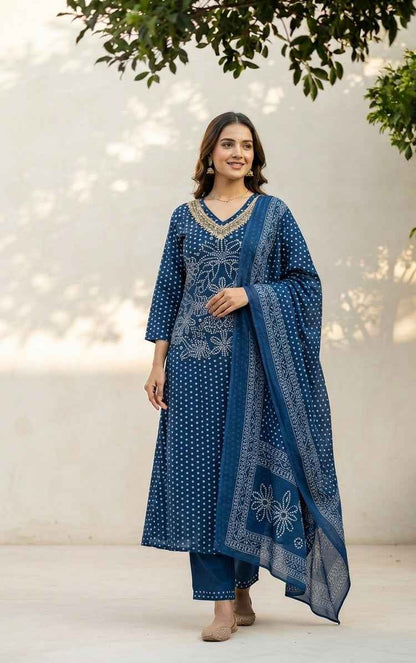 Pure Cotton A  Line Dupatta Set With Bandhej Print CS0284