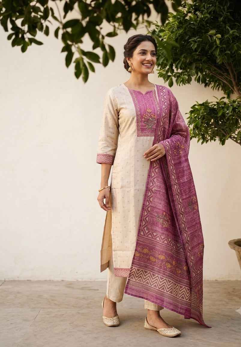 Chanderi Suit With Printed Dupatta Set CHS032
