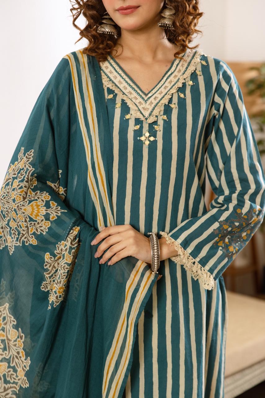Cotton Stripes Print Dupatta Set CS0382