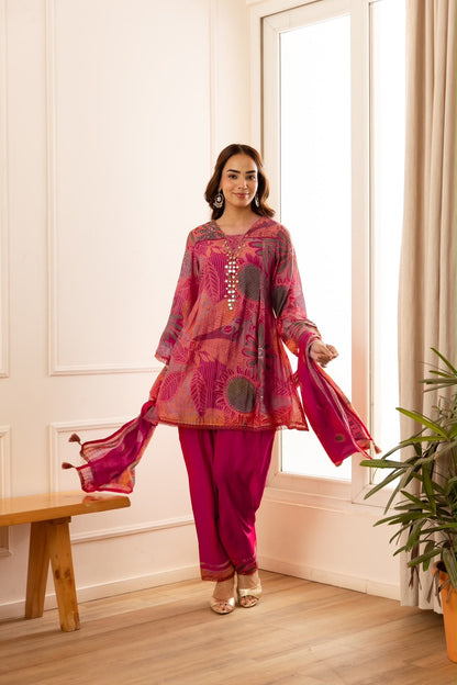 Printed Short Length Dupatta Set In Modal Silk Fabric