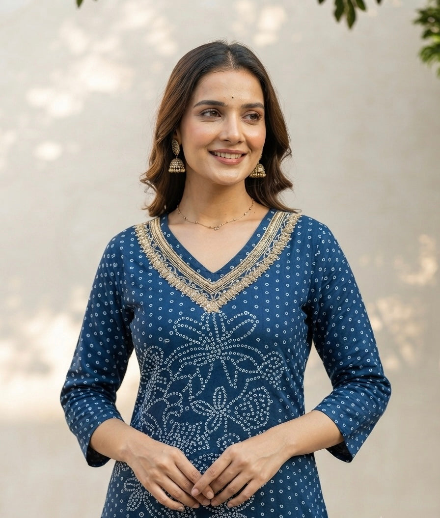 Pure Cotton A  Line Dupatta Set With Bandhej Print CS0284