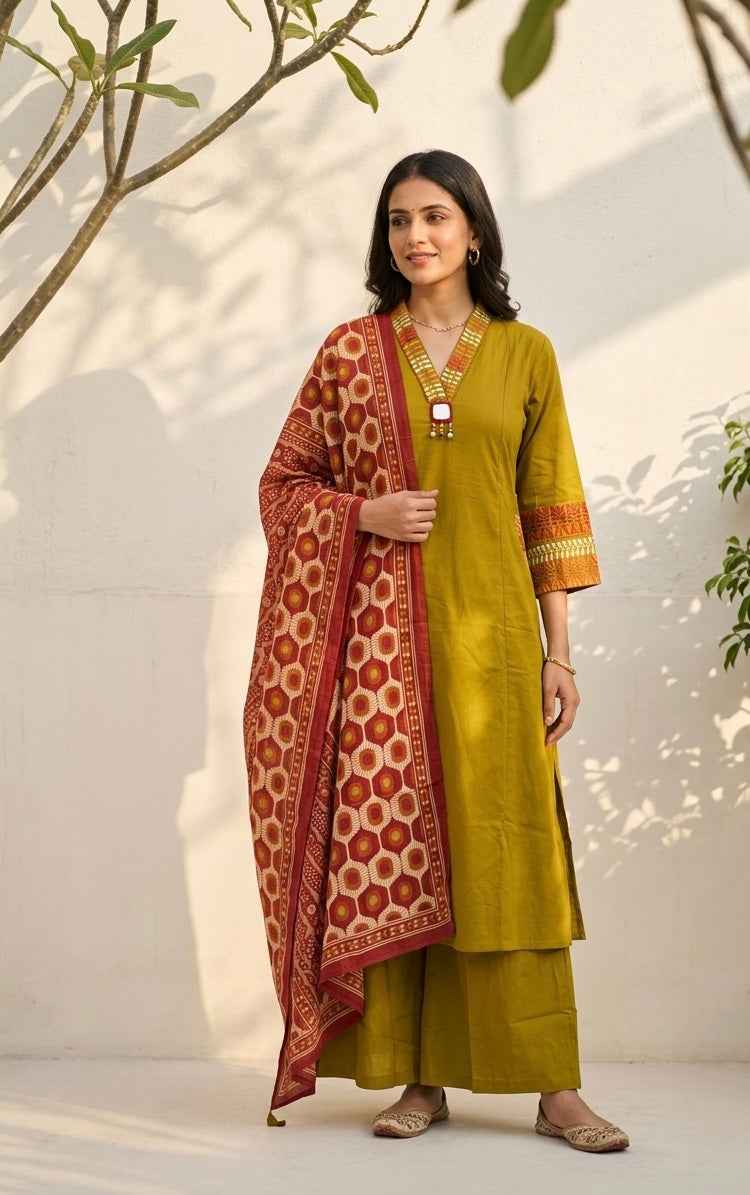 Premium Dabu Cotton Solid Base With Printed Dupatta Set CS0323
