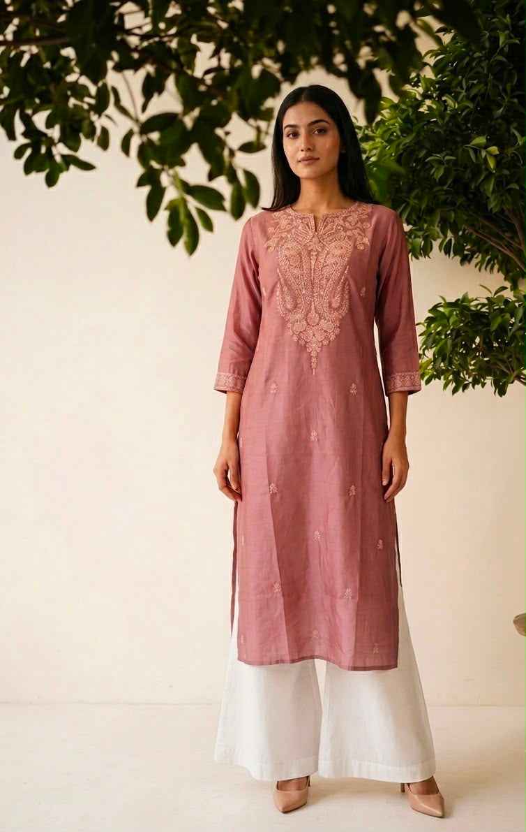 Pure Muslin Single Kurta With Embroidery