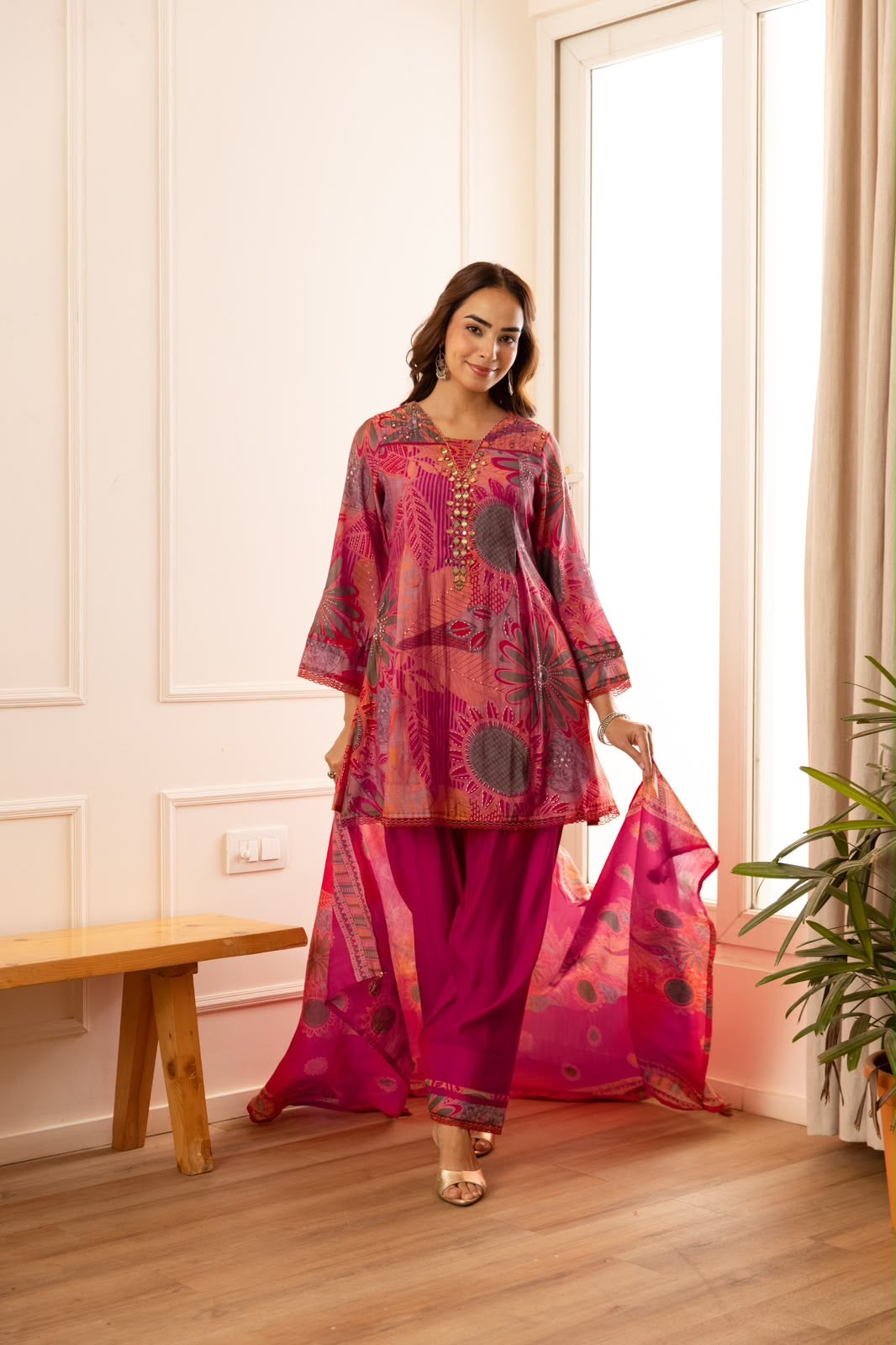 Printed Short Length Dupatta Set In Modal Silk Fabric