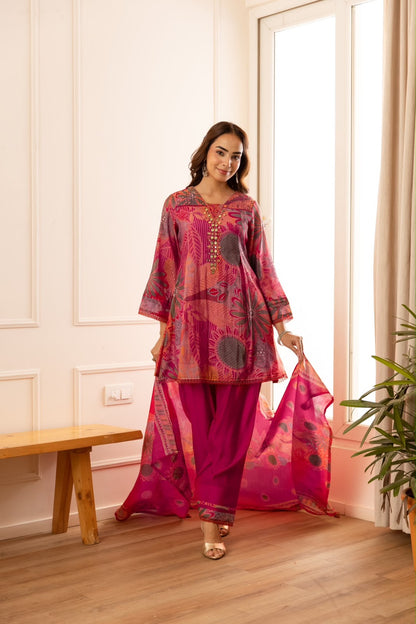 Printed Short Length Dupatta Set In Modal Silk Fabric
