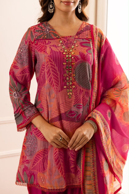 Printed Short Length Dupatta Set In Modal Silk Fabric