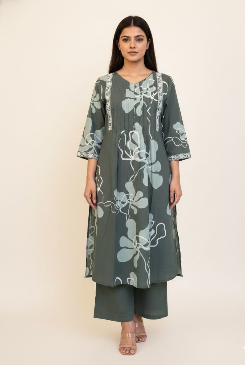 Pure Cotton Floral Print A Line Dupatta Set   CS0223