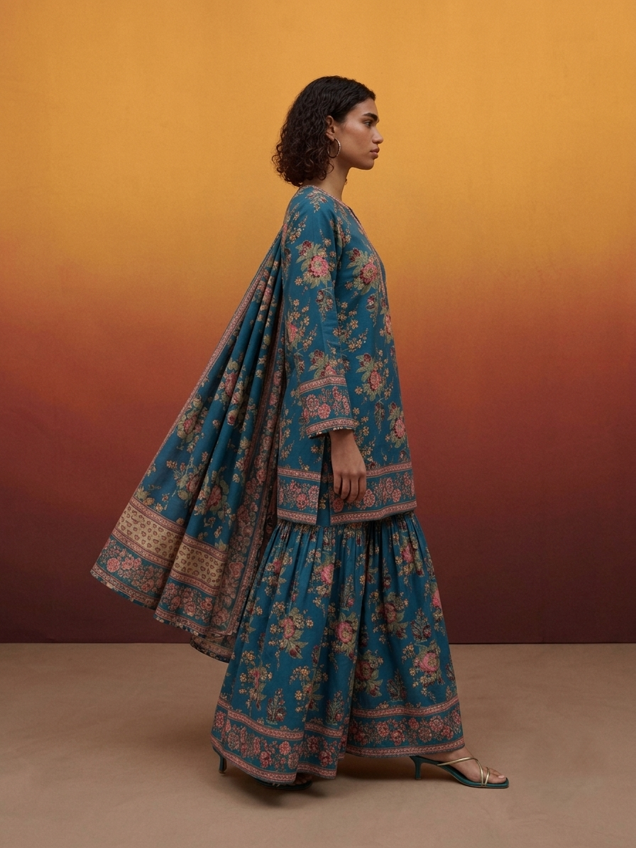 Printed Cotton Dupatta Set With Sharara CS0320