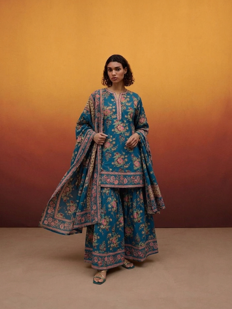 Printed Cotton Dupatta Set With Sharara CS0322