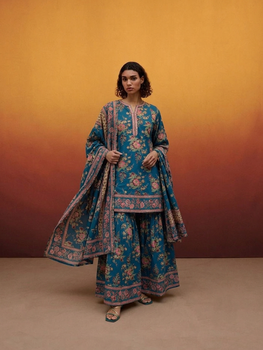 Printed Cotton Dupatta Set With Sharara CS0322