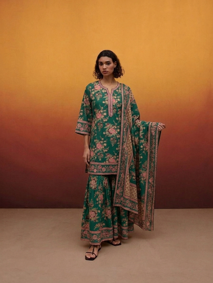 Printed Cotton Dupatta Set With Sharara CS0320