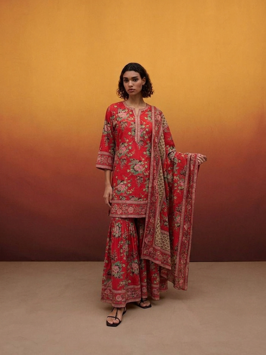 Printed Cotton Dupatta Set With Sharara CS0322