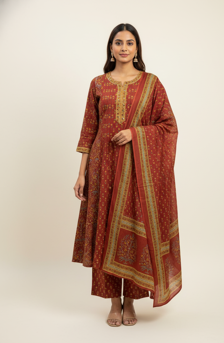 New Pure Cotton A Line Dupatta Set And Embroidery Work CS0141