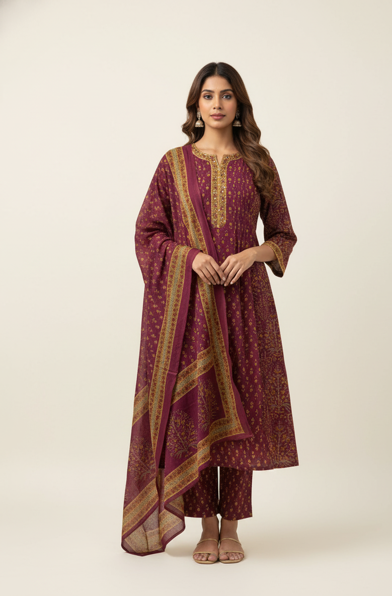 New Pure Cotton A Line Dupatta Set And Embroidery Work CS0141