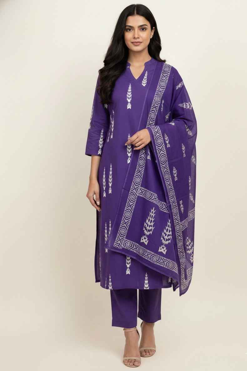 Pure Cotton Three Piece  Angrakha Style Dupatta Set