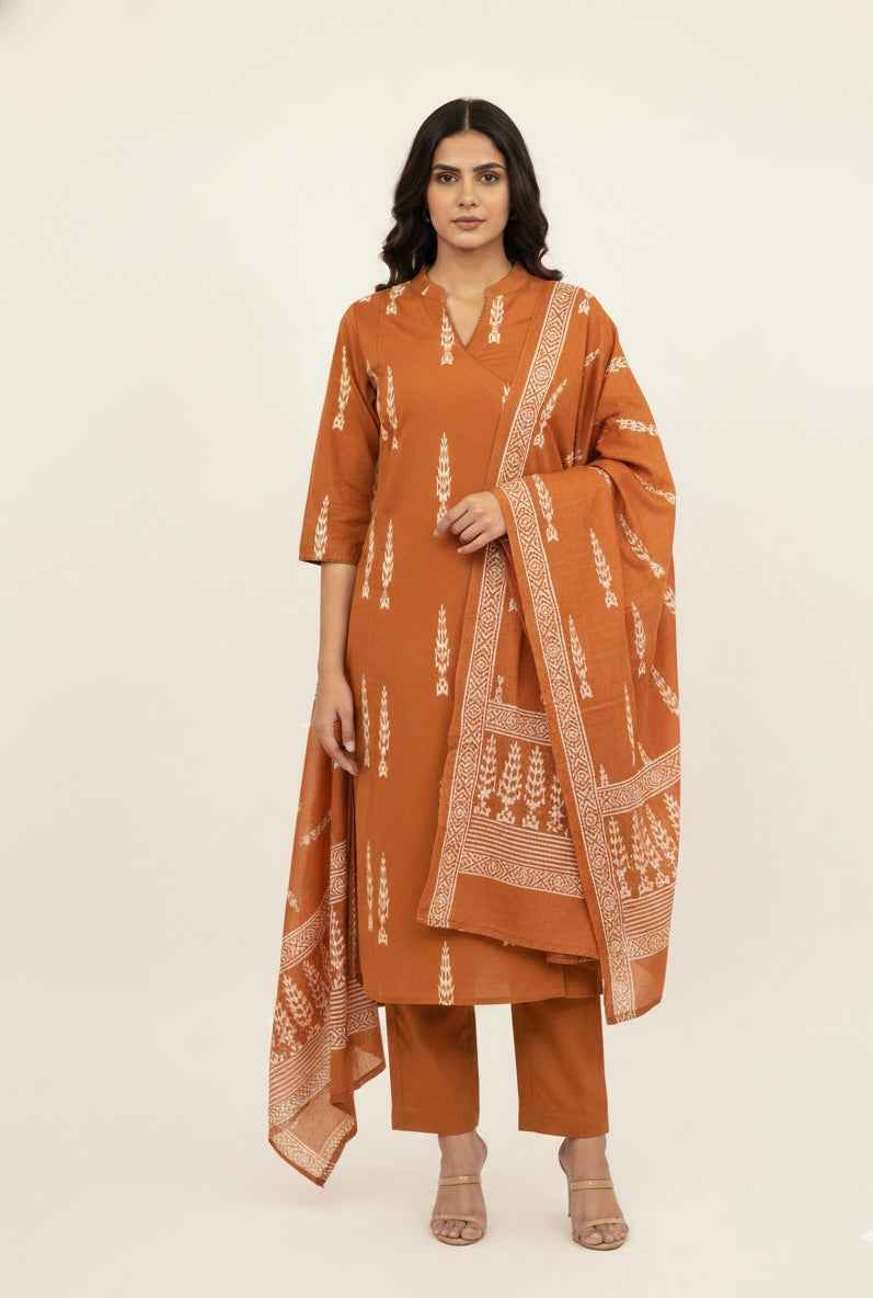 Pure Cotton Three Piece  Angrakha Style Dupatta Set