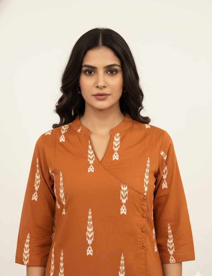 Pure Cotton Three Piece  Angrakha Style Dupatta Set