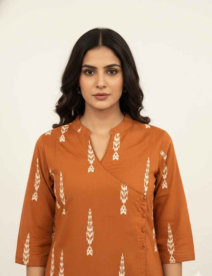 Pure Cotton Three Piece  Angrakha Style Dupatta Set