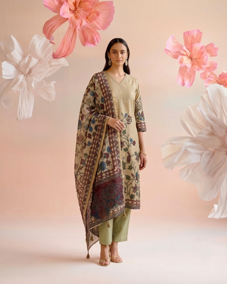 Printed Dupatta Set In Kota Doriya Fabric KD054