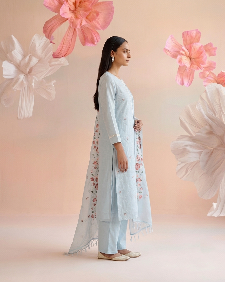 Embroidered Dupatta Set In Kota Doriya Fabric KD044