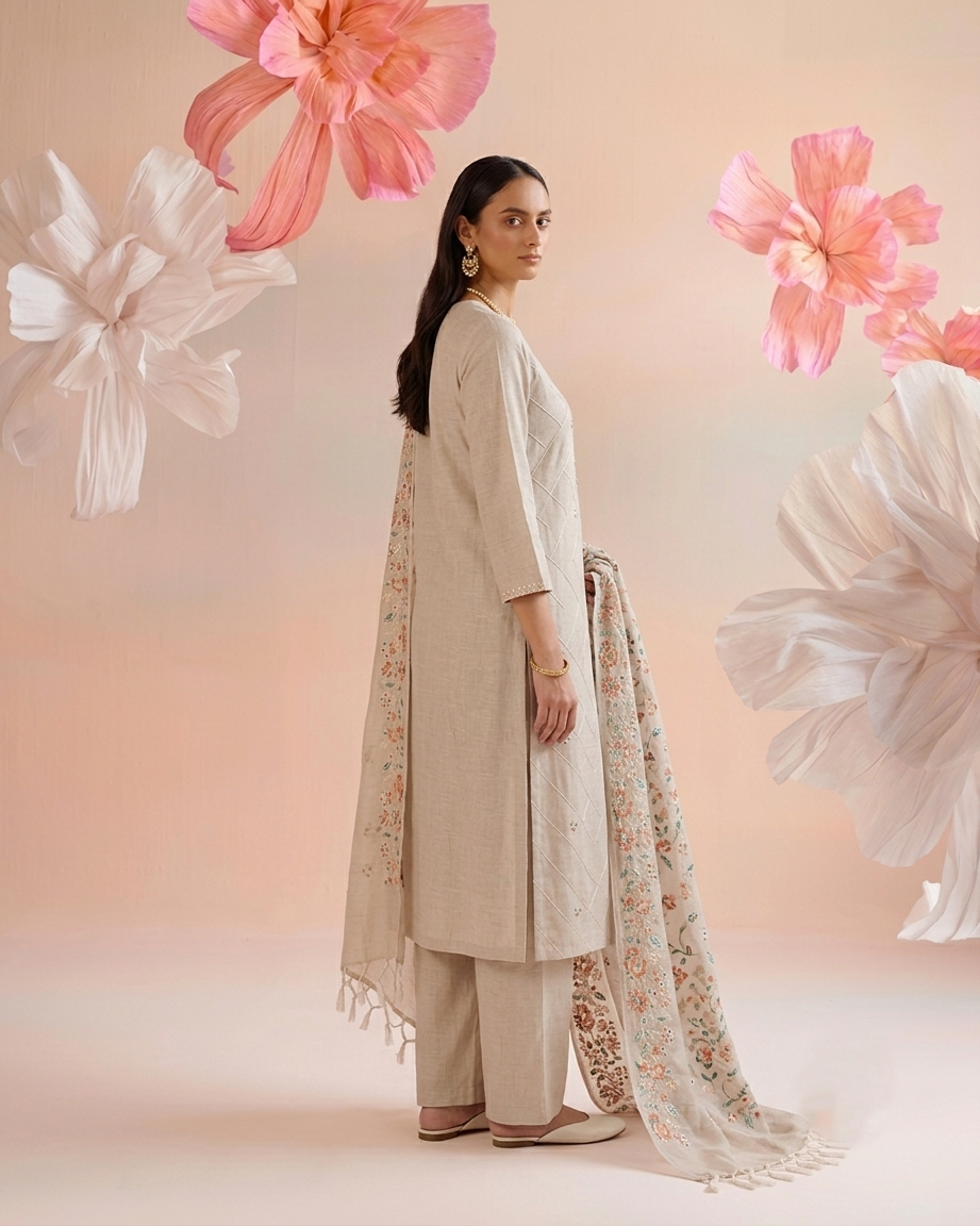 Embroidered Dupatta Set In Kota Doriya Fabric KD044