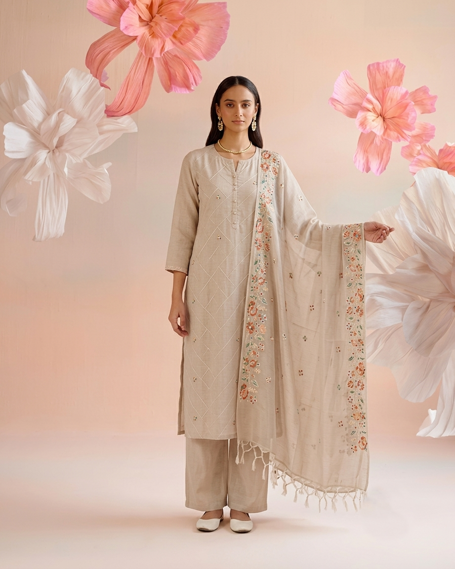 Embroidered Dupatta Set In Kota Doriya Fabric KD044