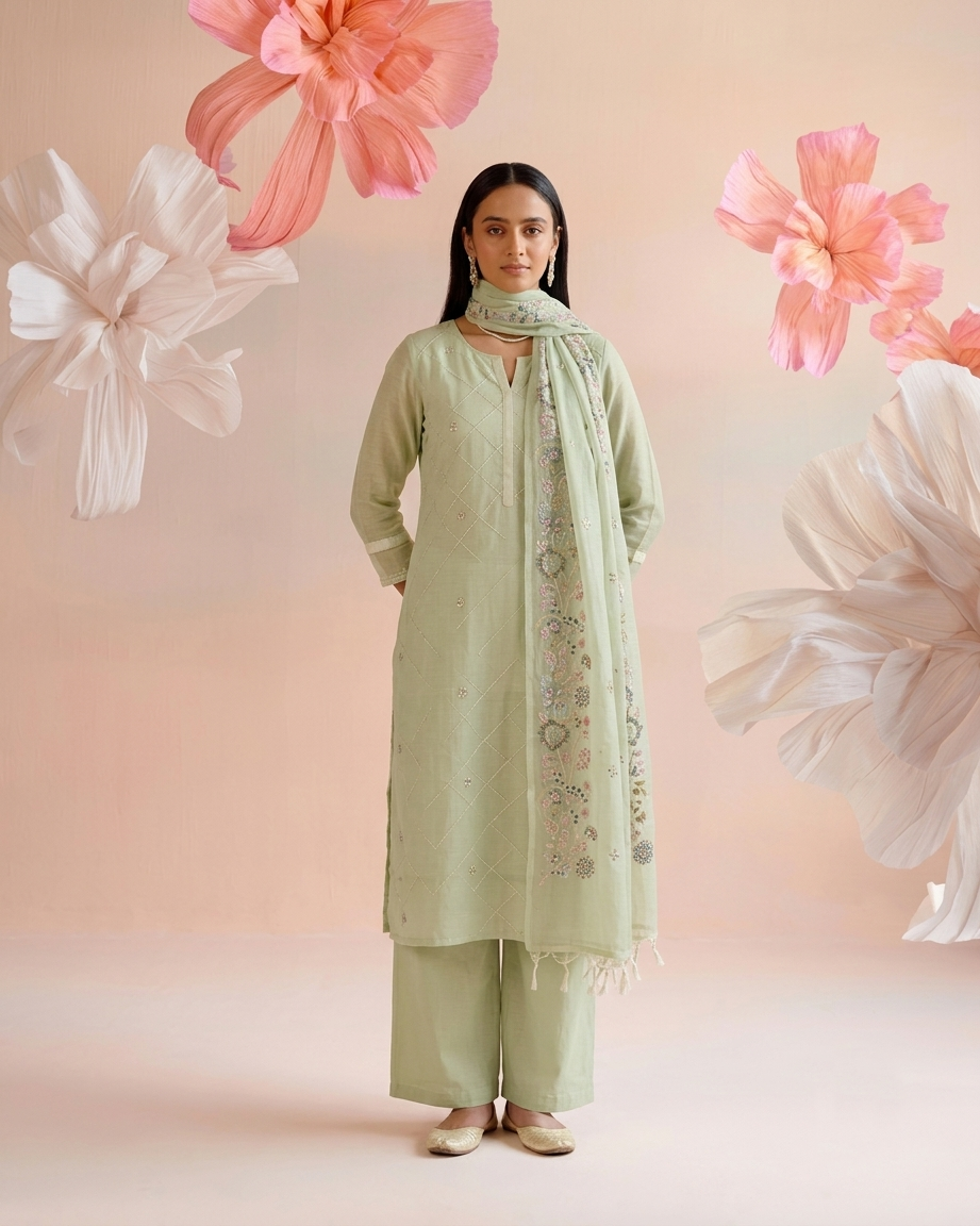 Embroidered Dupatta Set In Kota Doriya Fabric KD044