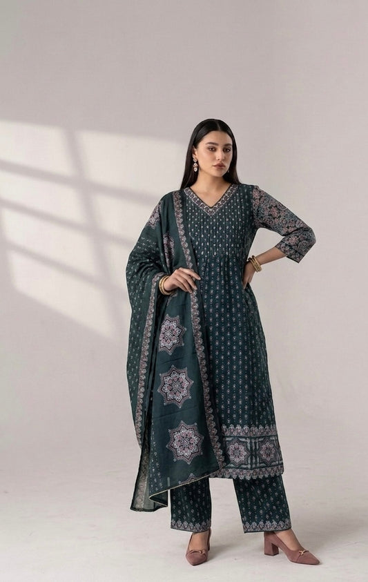 Pure Cotton A Line Three Piece Dupatta Set