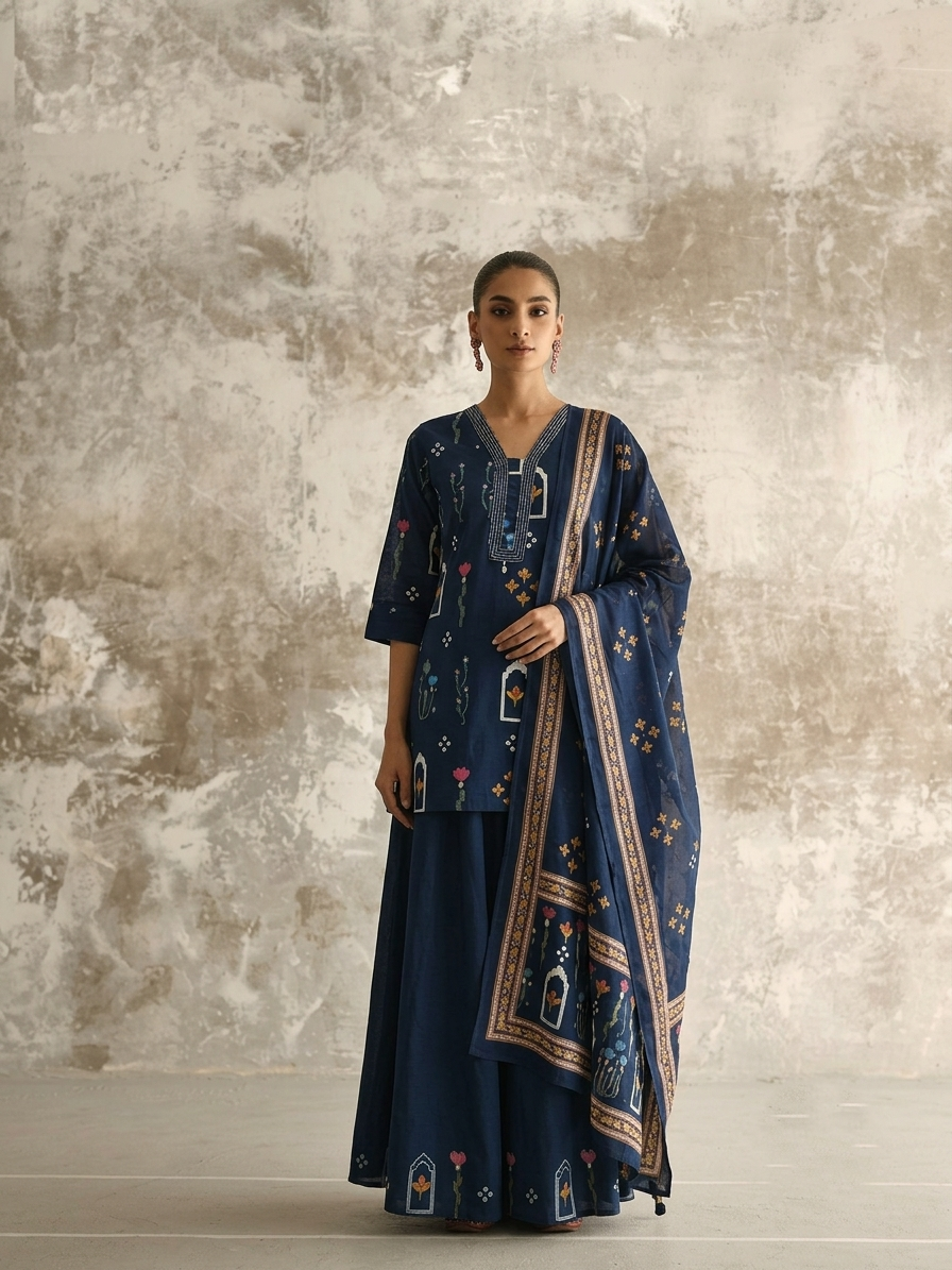 Short Lentth  Dupatta Set With Divider In Cotton Fabric