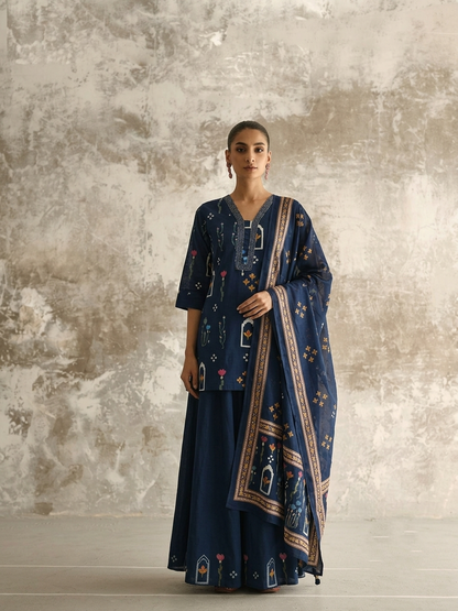 Short Lentth  Dupatta Set With Divider In Cotton Fabric