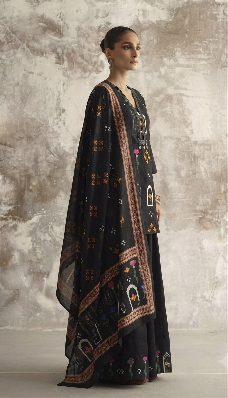 Short Lentth  Dupatta Set With Divider In Cotton Fabric