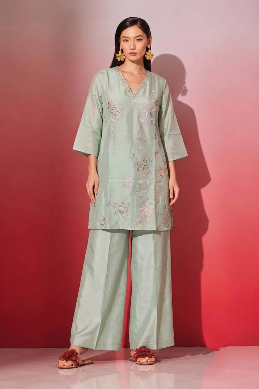 Pure Chanderi Co-Ord Set With Embroidery