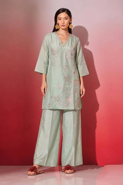 Pure Chanderi Co-Ord Set With Embroidery
