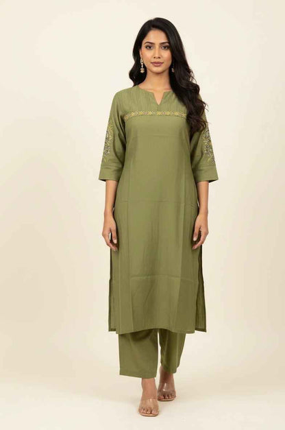 Muslin Solid Base Embroidered Pant Set MS001
