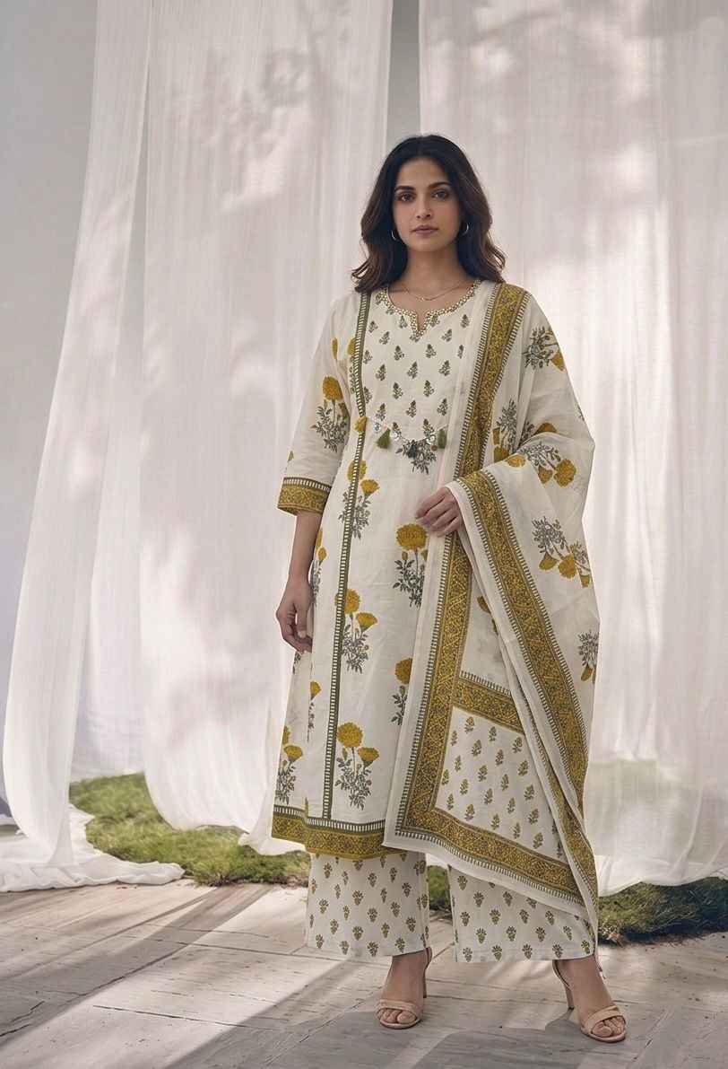 Pure Cotton A Line Floral Print Dupatta Set