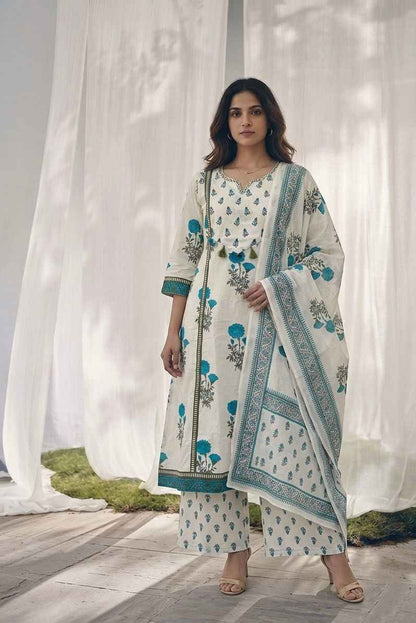 Pure Cotton A Line Floral Print Dupatta Set