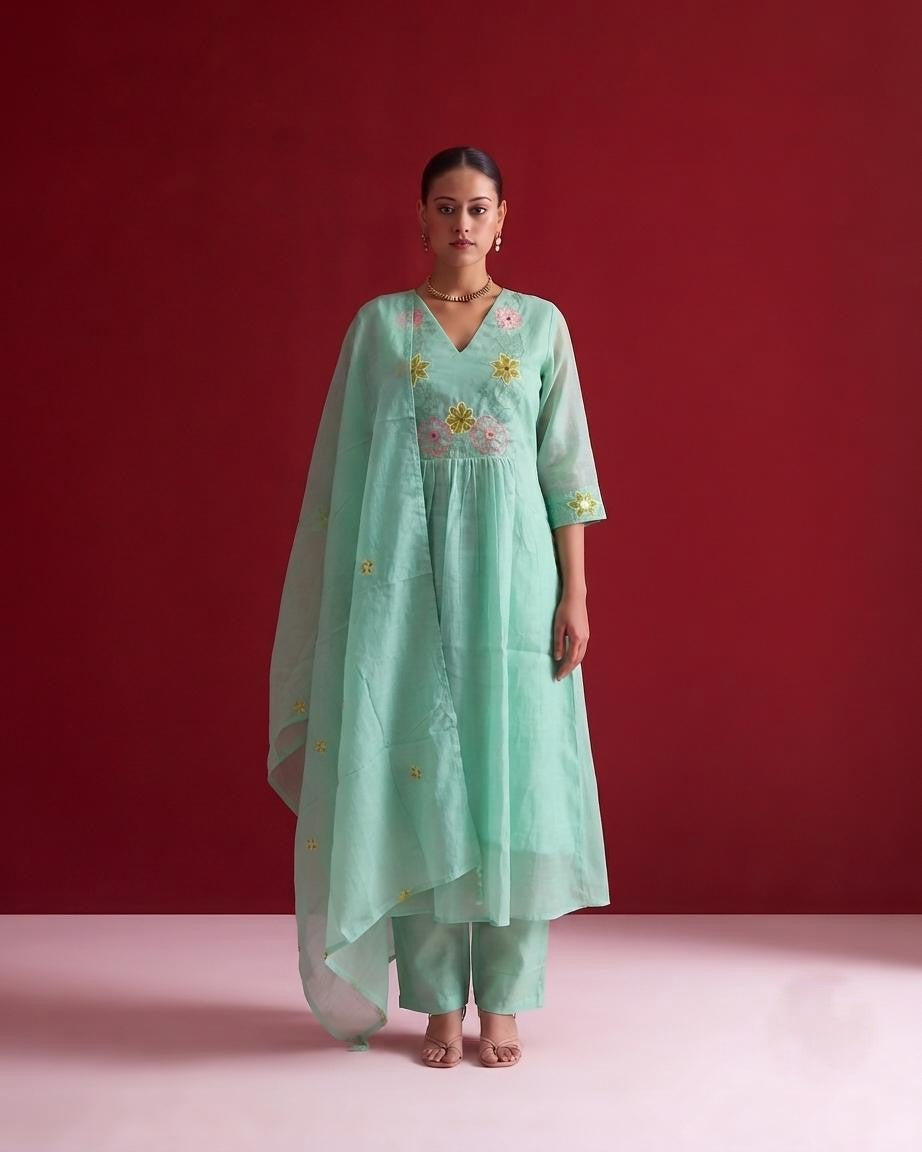Embroidered  A Line Dupatta Set In Mul Chanderi Fabric MLC34