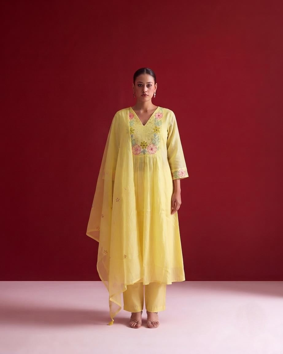 Embroidered  A Line Dupatta Set In Mul Chanderi Fabric MLC34
