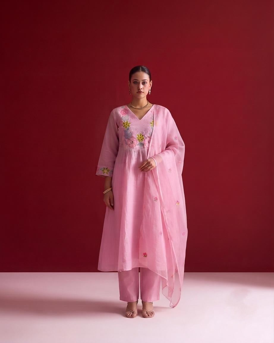 Embroidered  A Line Dupatta Set In Mul Chanderi Fabric MLC34