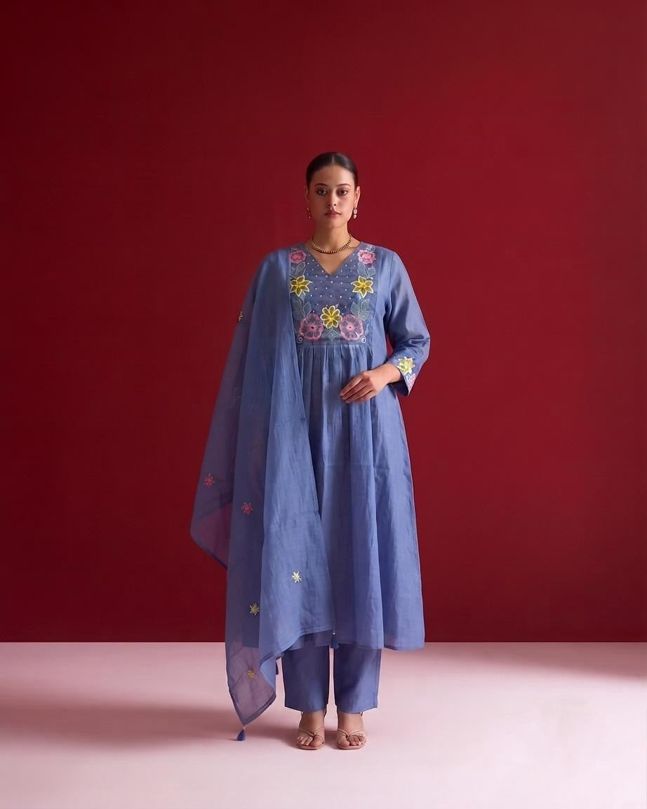 Embroidered  A Line Dupatta Set In Mul Chanderi Fabric MLC34