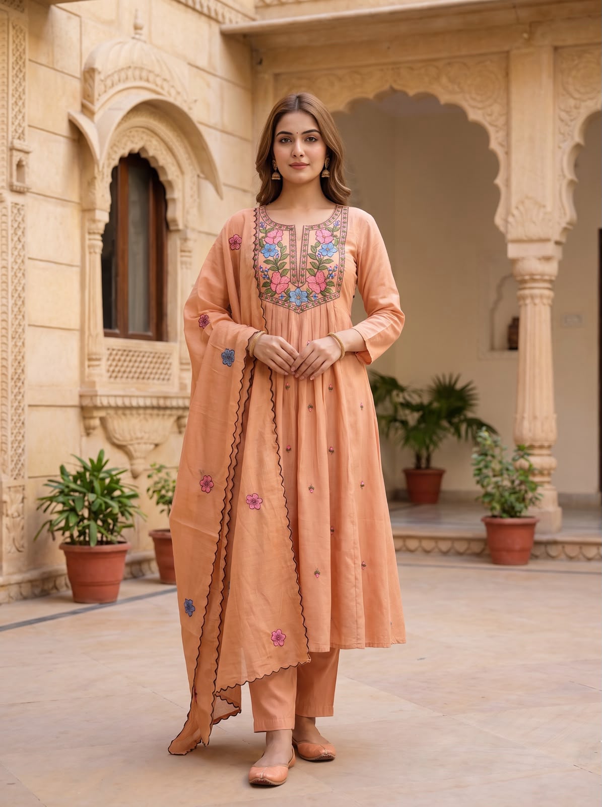 Mul chanderi dupatta set with all over embroidery