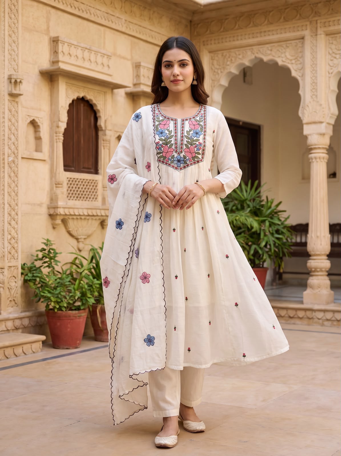 Mul chanderi dupatta set with all over embroidery