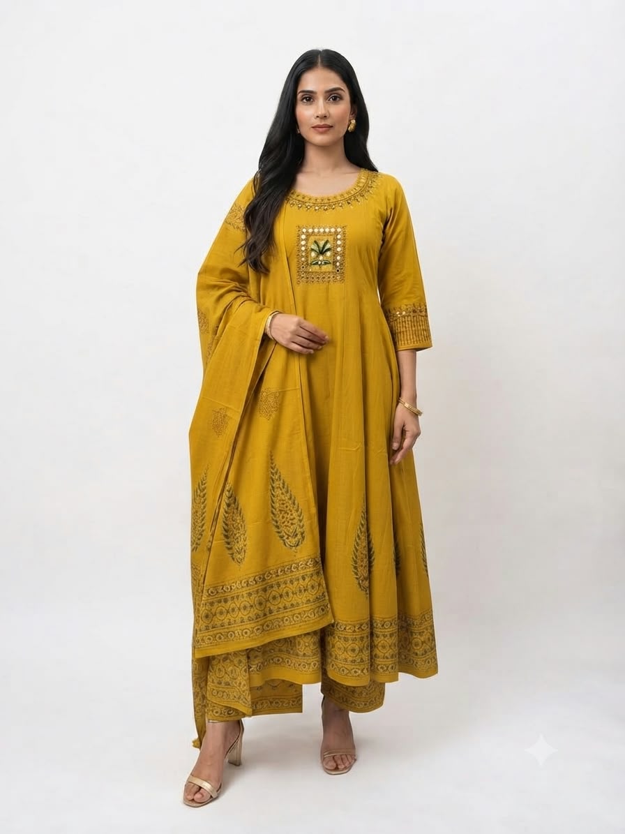 Pure Cotton  Three Piece Anarkali Dupatta Set