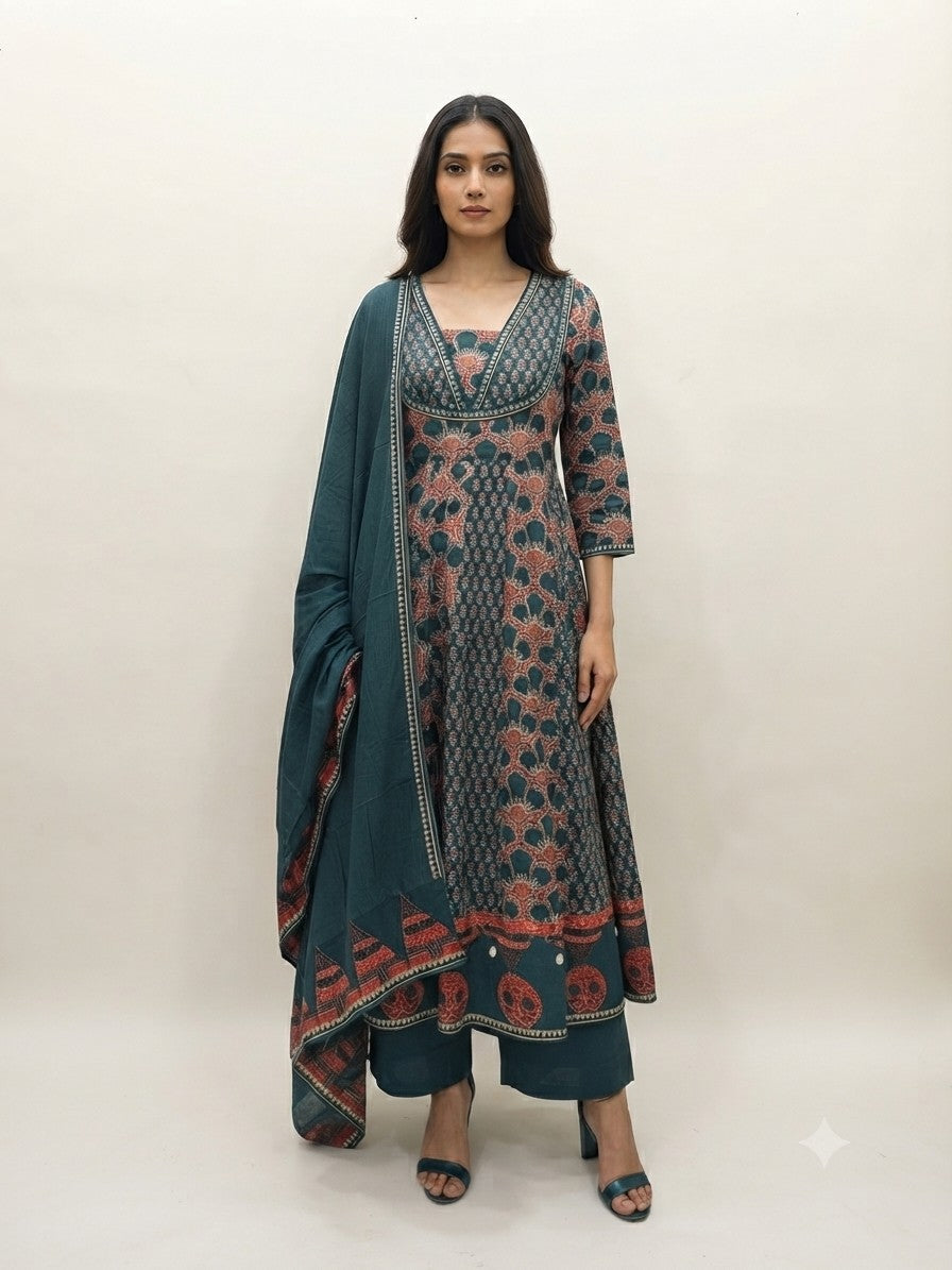 Pure Cotton  Three Piece Anarkali Dupatta Set