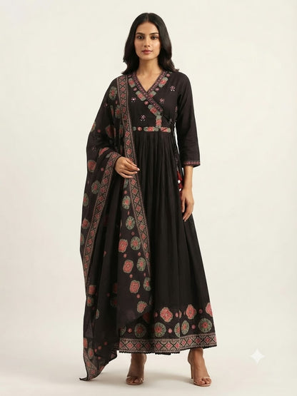 Pure Cotton  Three Piece Anarkali Dupatta Set